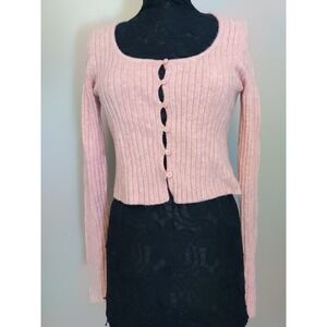 American Eagle Outfitters Women Pink Crop Button Down Long Sleeve Sweater Size M